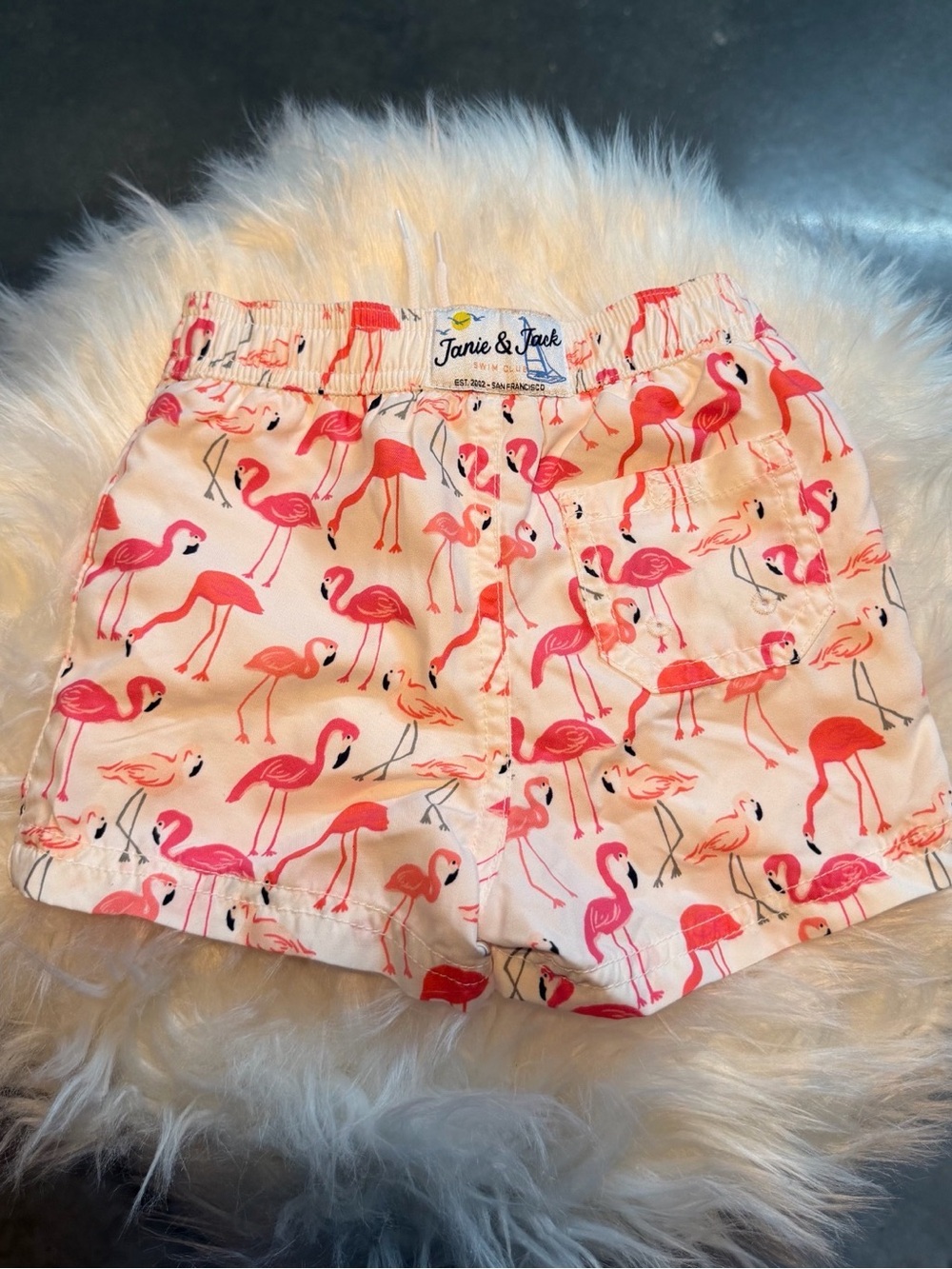 Janie and Jack Pink Flamingo Print Swim Trunks